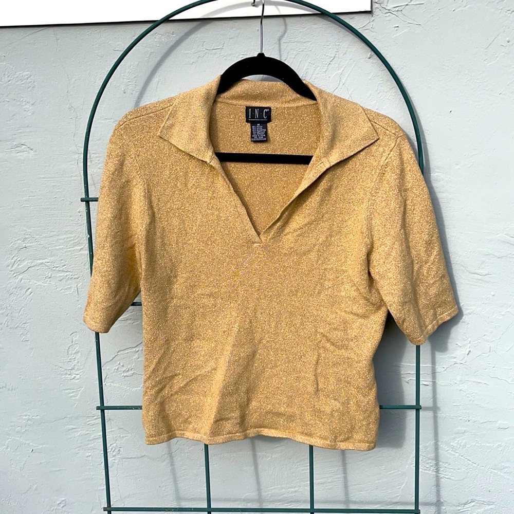 Sparkly Gold V Neck Collared Blouse